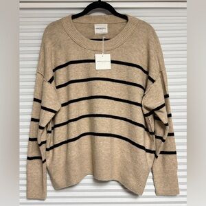 Women's Beige Striped Crew Neck Sweater